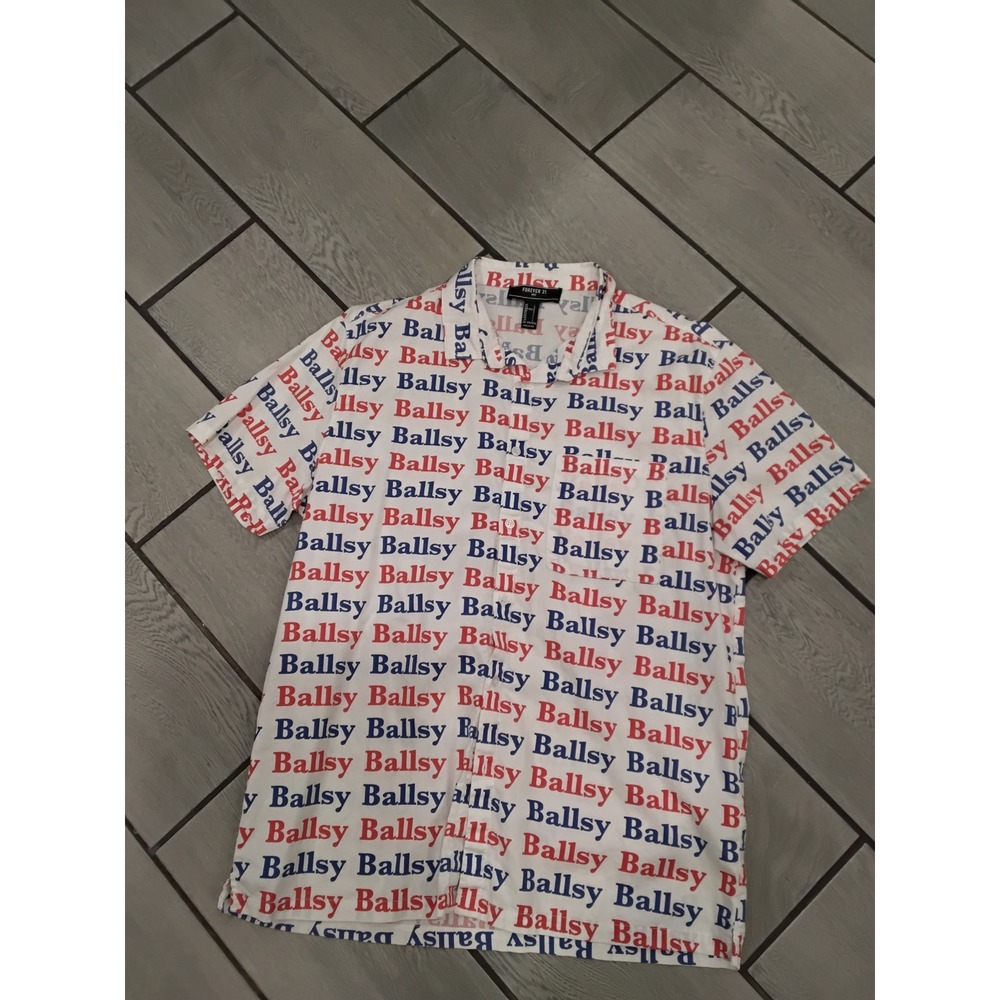 Forever 21 Men Ballsy All Over Print Short Sleeve Button Up Shirt White Large